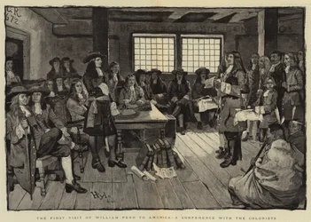 Der erste Besuch von William Penn in Amerika, eine Konferenz mit den Kolonisten